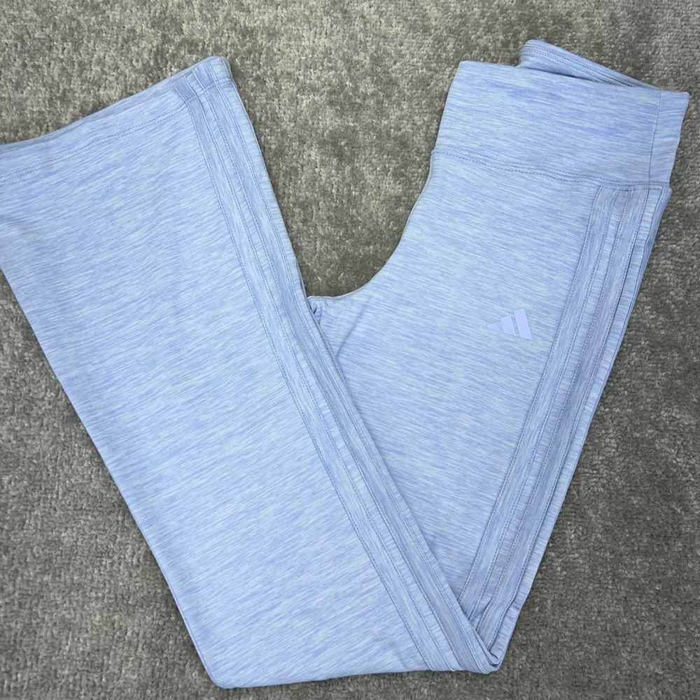 ADIDAS Girls Large/14 Flare Leggings Tight Fit Athletic 3-Stripes Heather Purple